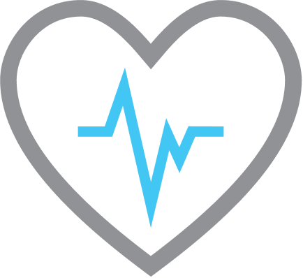 Icona di un cuore grigio con un tracciato cardiaco blu al centro, simbolo di salute e benessere.