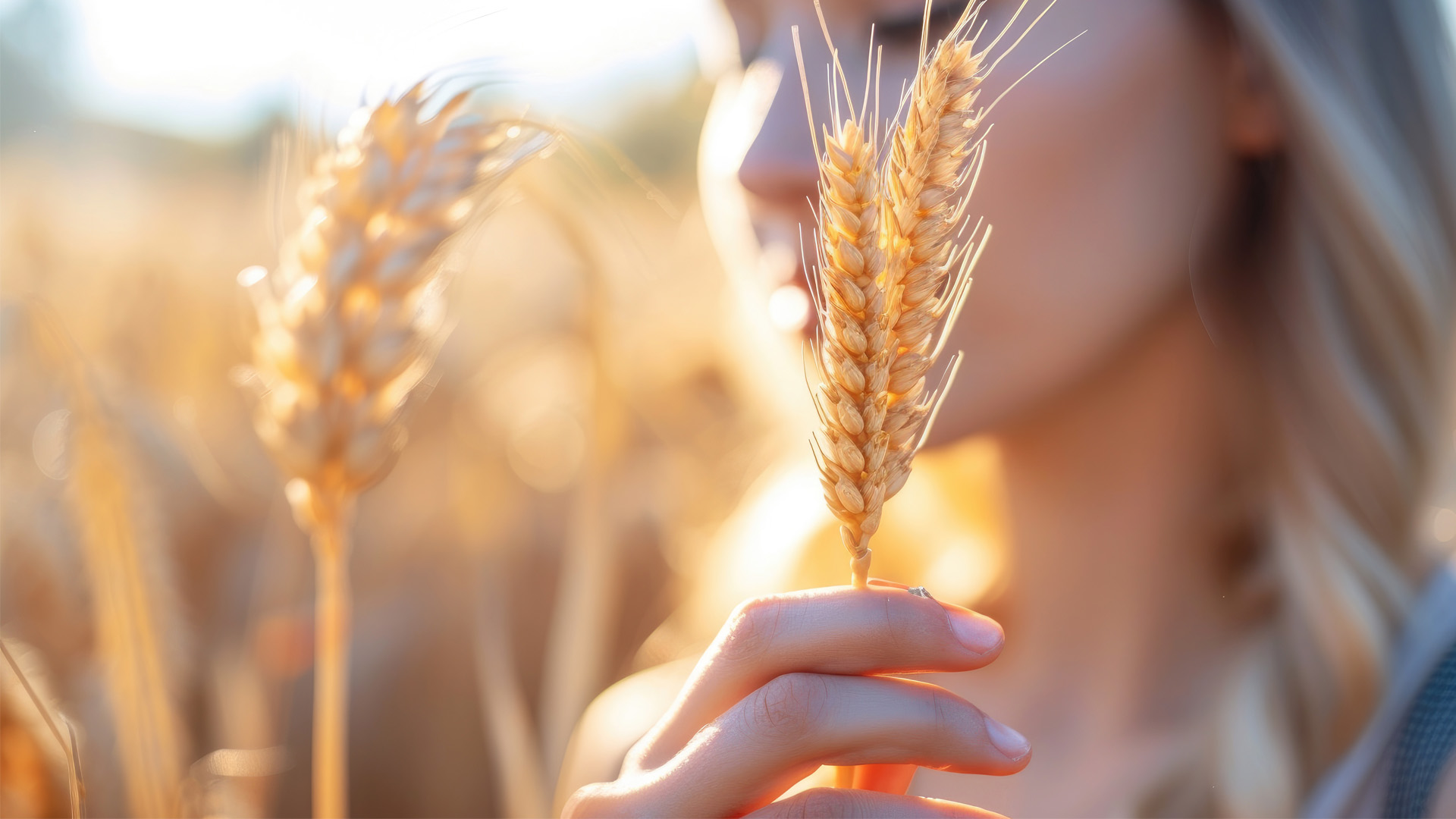 Donna bionda in un campo di grano, tiene una spiga di grano maturo, illuminata dalla luce del sole.