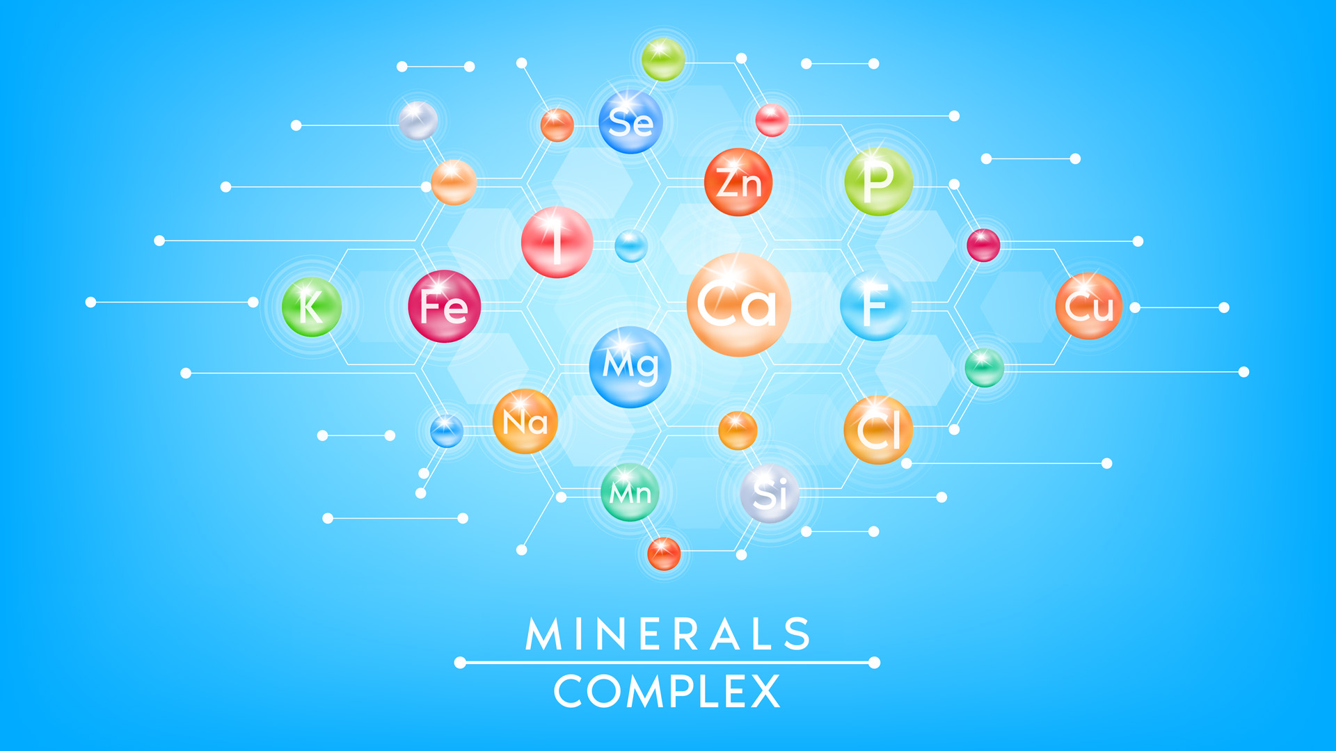 Schema che mostra diversi minerali essenziali (Ca, Fe, K, Zn, ecc.) collegati tra loro su sfondo blu.
