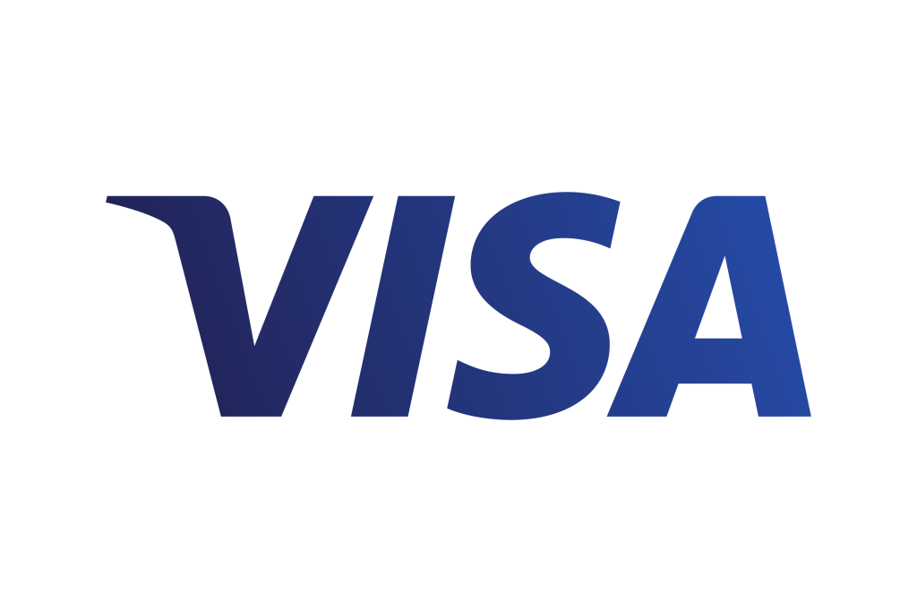 Logo Visa in blu su sfondo trasparente, rappresenta i servizi di pagamento globali e carte di credito.